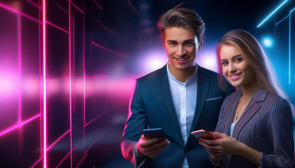 twee zakenmensen blij met hun telefoon en tablet